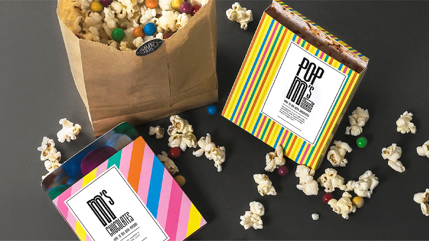 popcorn chocolate Packaging logo box Colourful  bright pop typography   vector