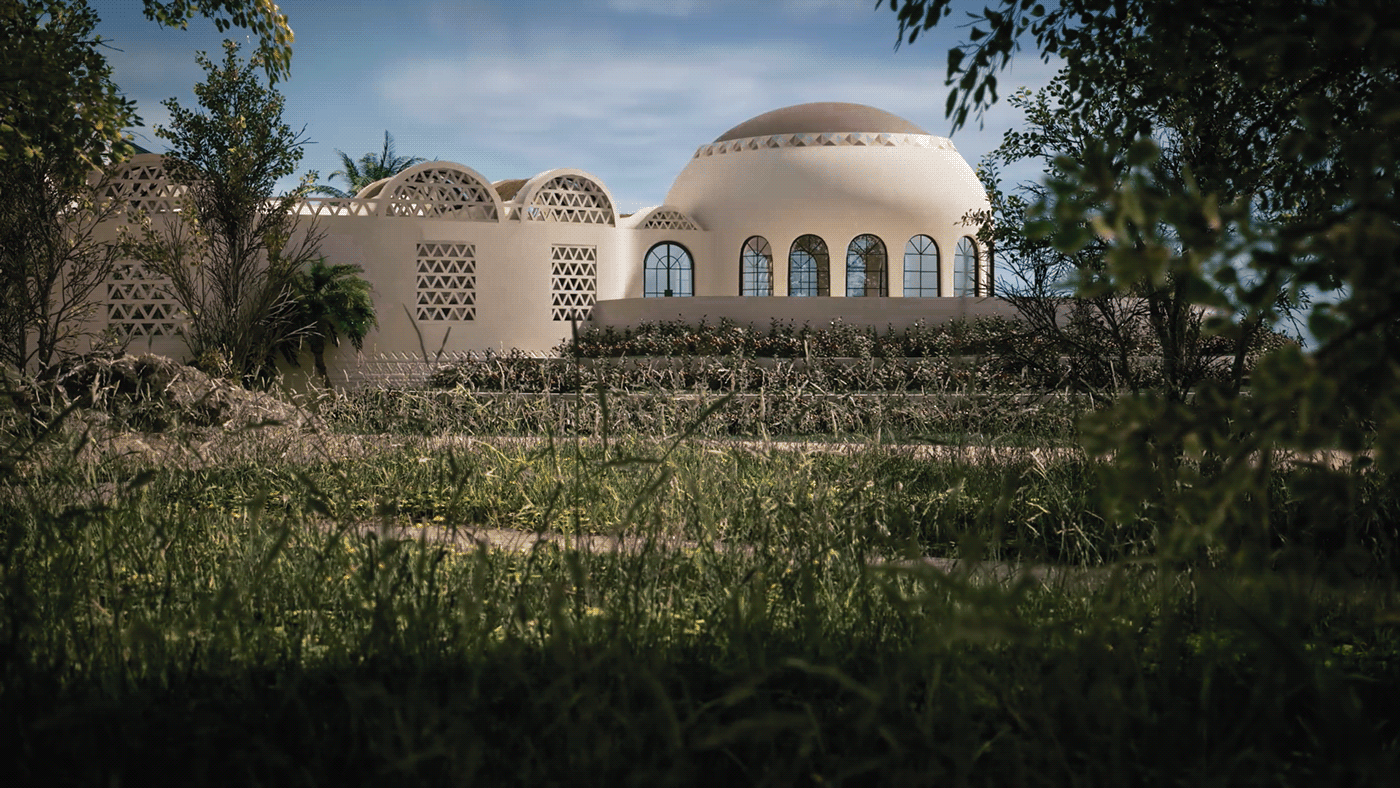 architecture nile river Villa fantasy Nubian 3d animation motif active render Beach house