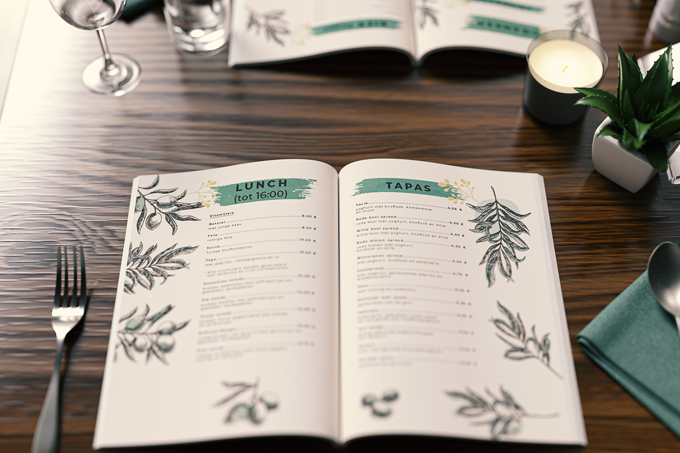 3D green menu olive print restaurant table vector