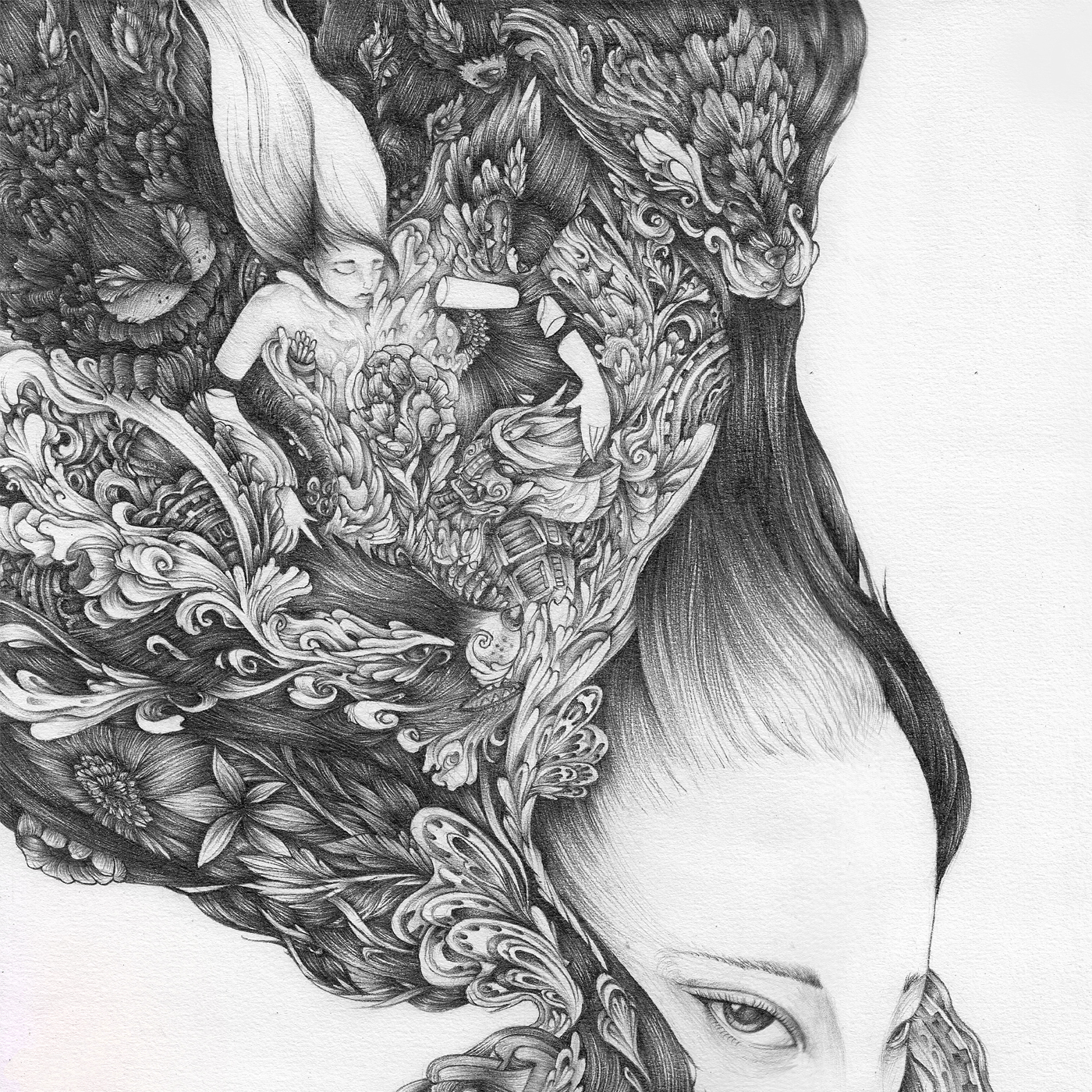 pencil black and white fine lines woman delicate wolf dream alternative hair surreal