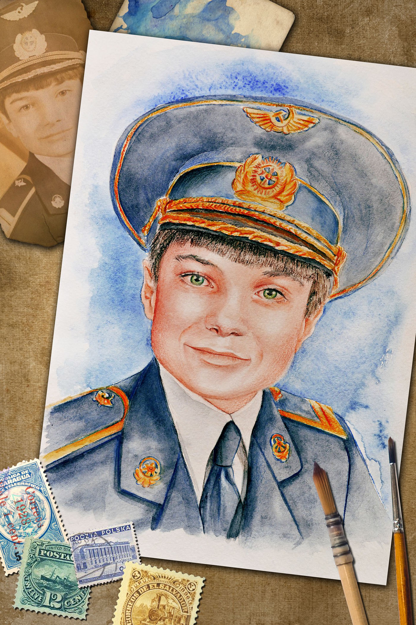 portrait watercolor old photo ILLUSTRATION  boy Military Uniform Drawing  pencil paint