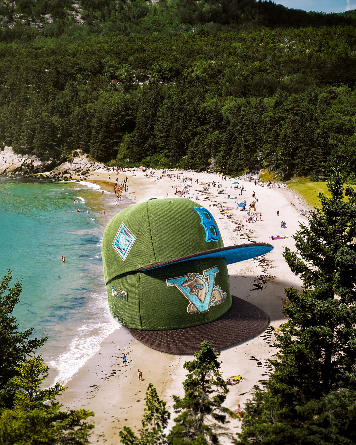 Photo composite of giant baseball hat in nature. Retouching using Photoshop
