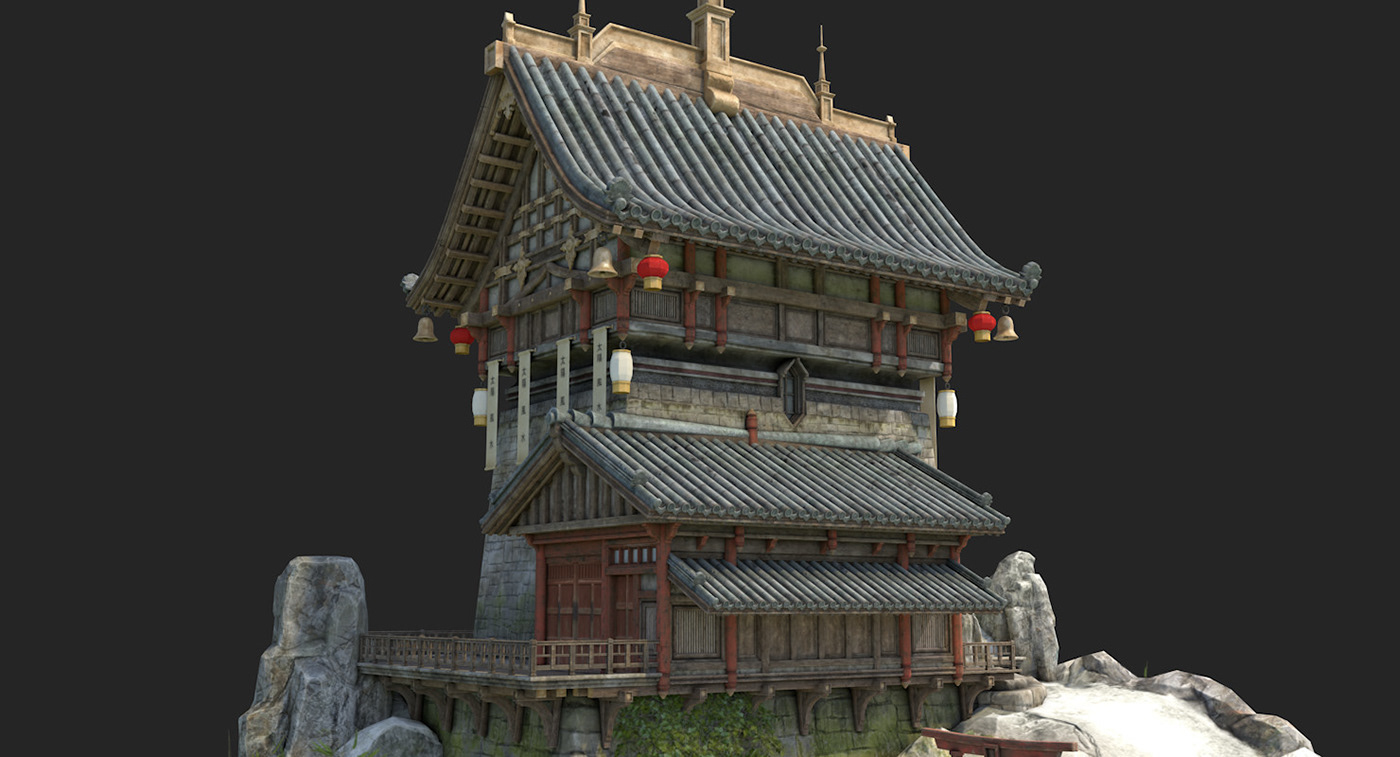 old chinese house abandoned Low Poly architecture japan asia building palace