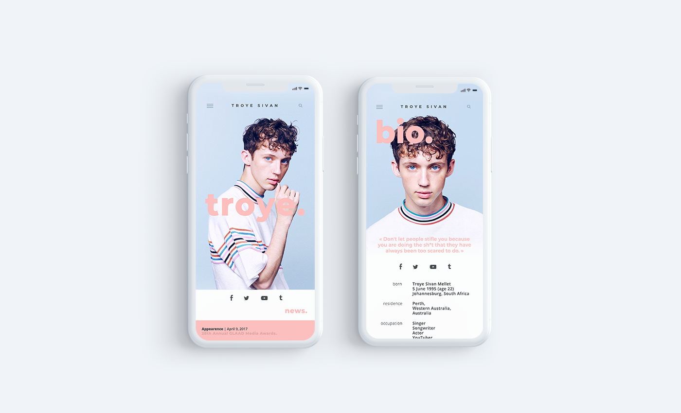 Troye Sivan Website minimal iPhone x music artist Mockup blue youtube