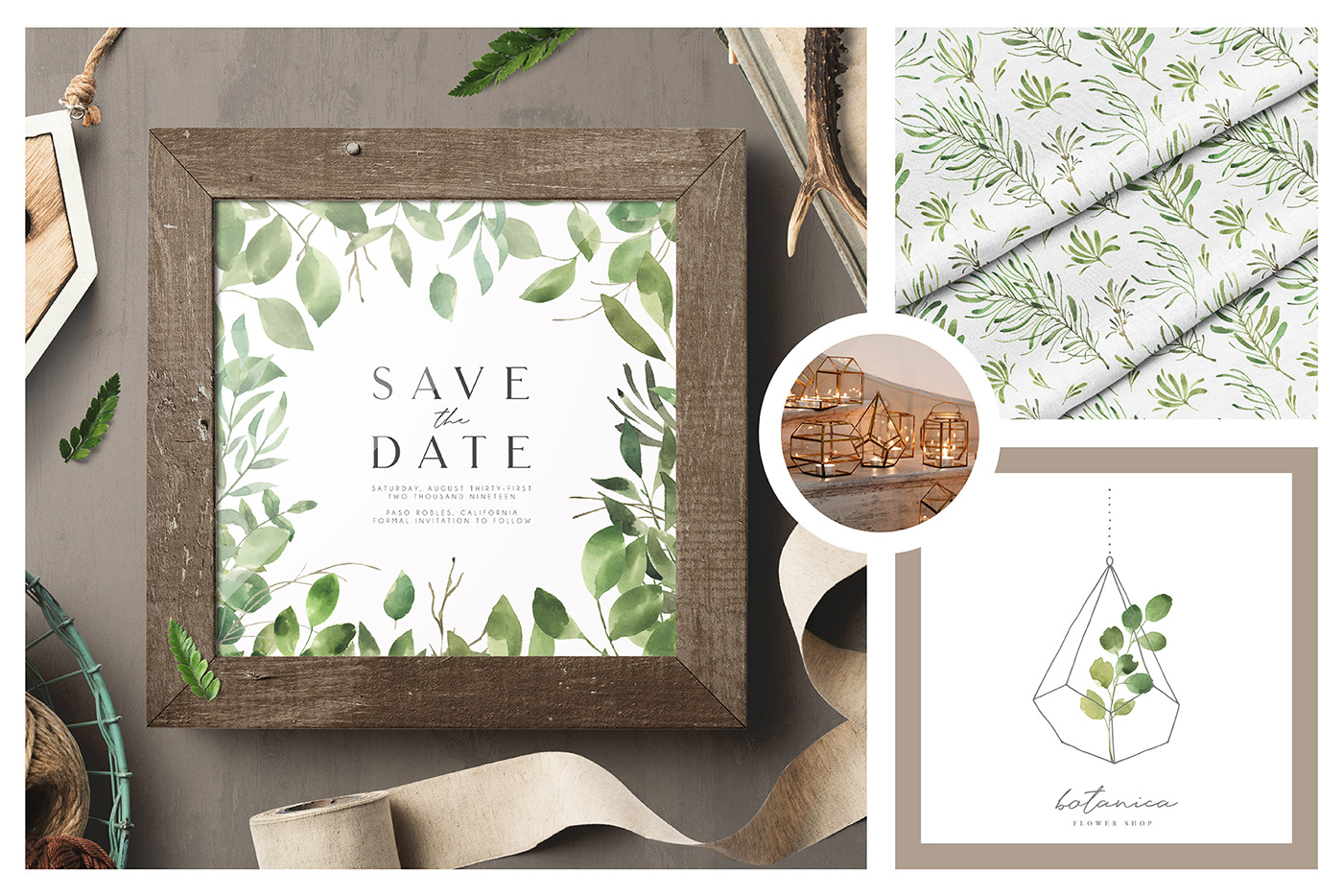florals leaves leaf terrarium pattern logo wedding forest Invitation fabric