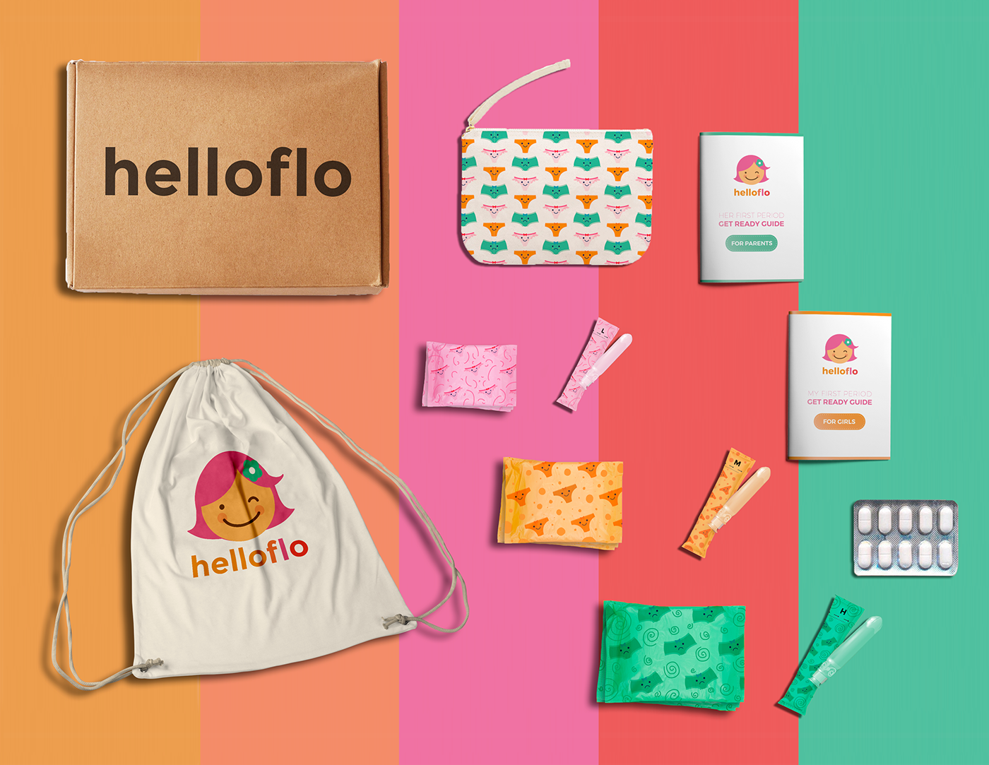 period tampon HelloFlo package app menstrual cycle pattern brand localization Rebrand