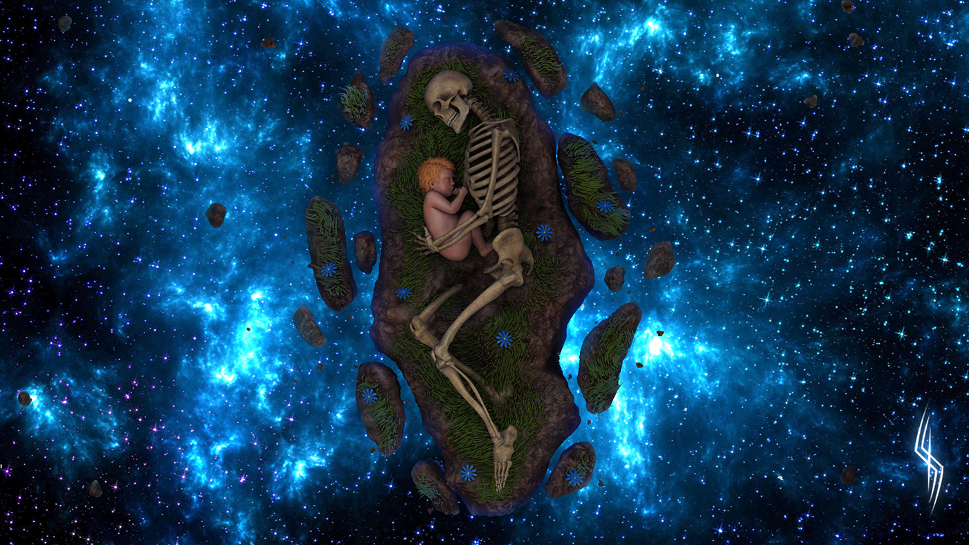Zbrush photoshop book cover skeleton skull baby nebula Space  Rui Caria