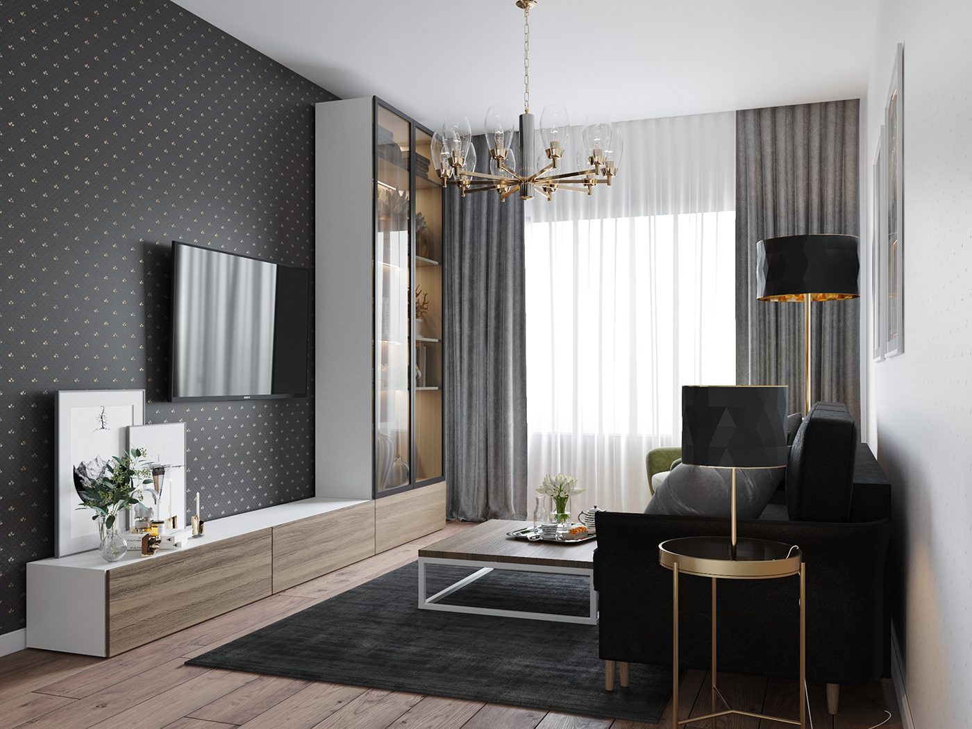 3d design 3D Interior black design interior furniture design  living room White гостиная   дизайн интерьера интерьер