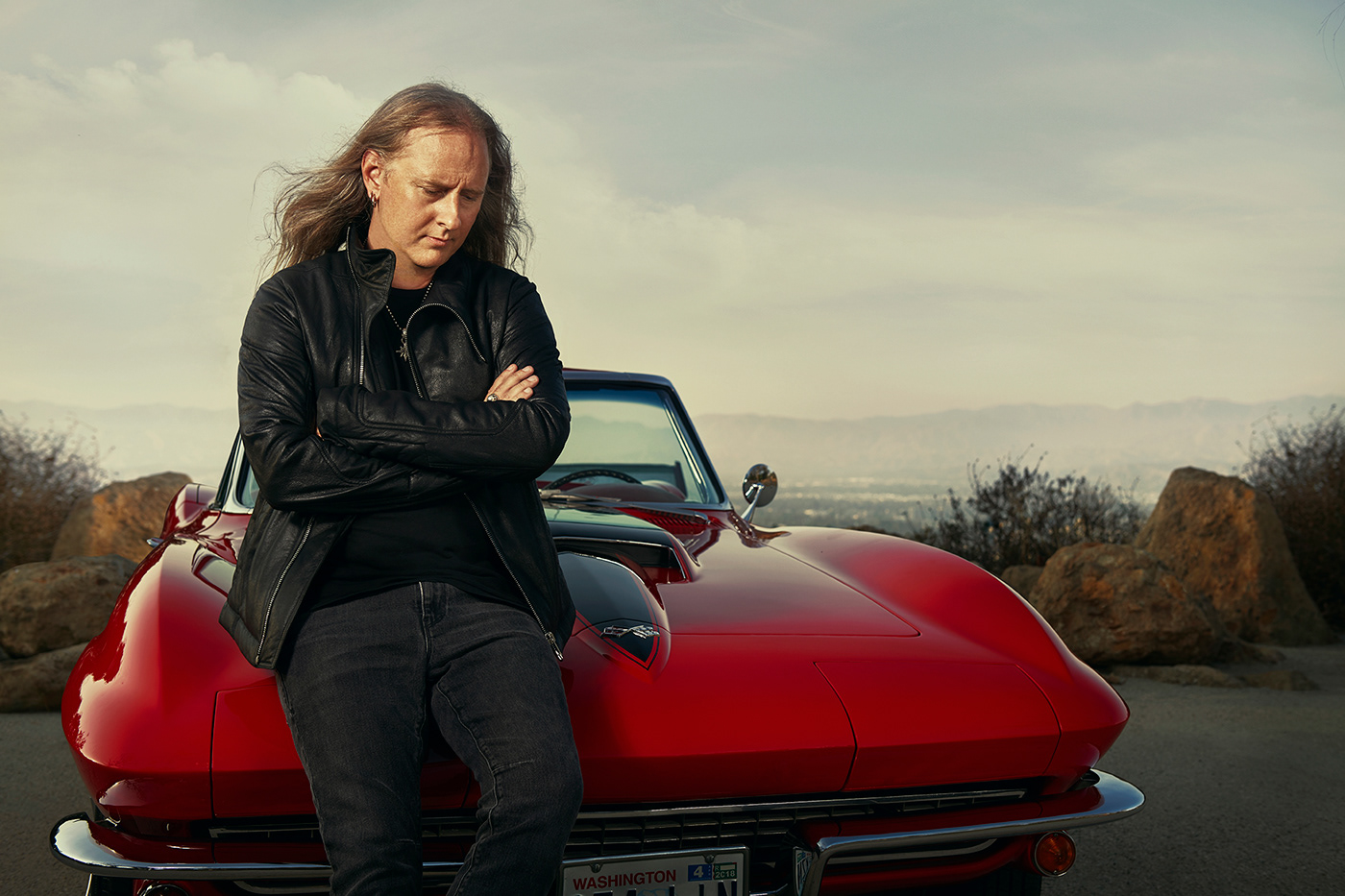 Celebrity rock star guitar Corvette sports car rock photography Auto car high end retouching