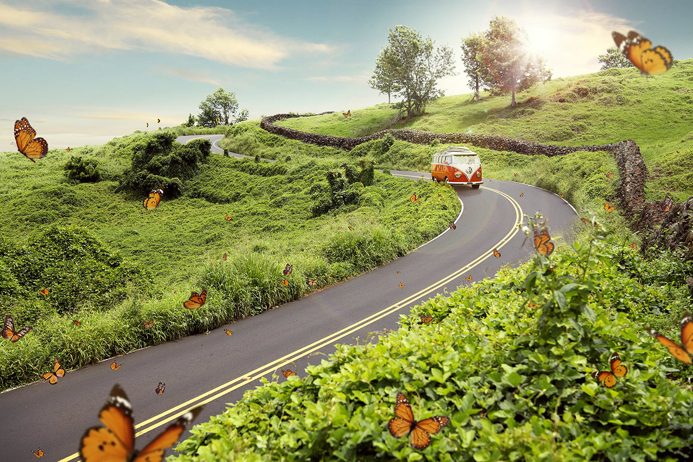 Road trip composite for Adobe. VW Bus driving down a winding road through a swarm of butterflies.