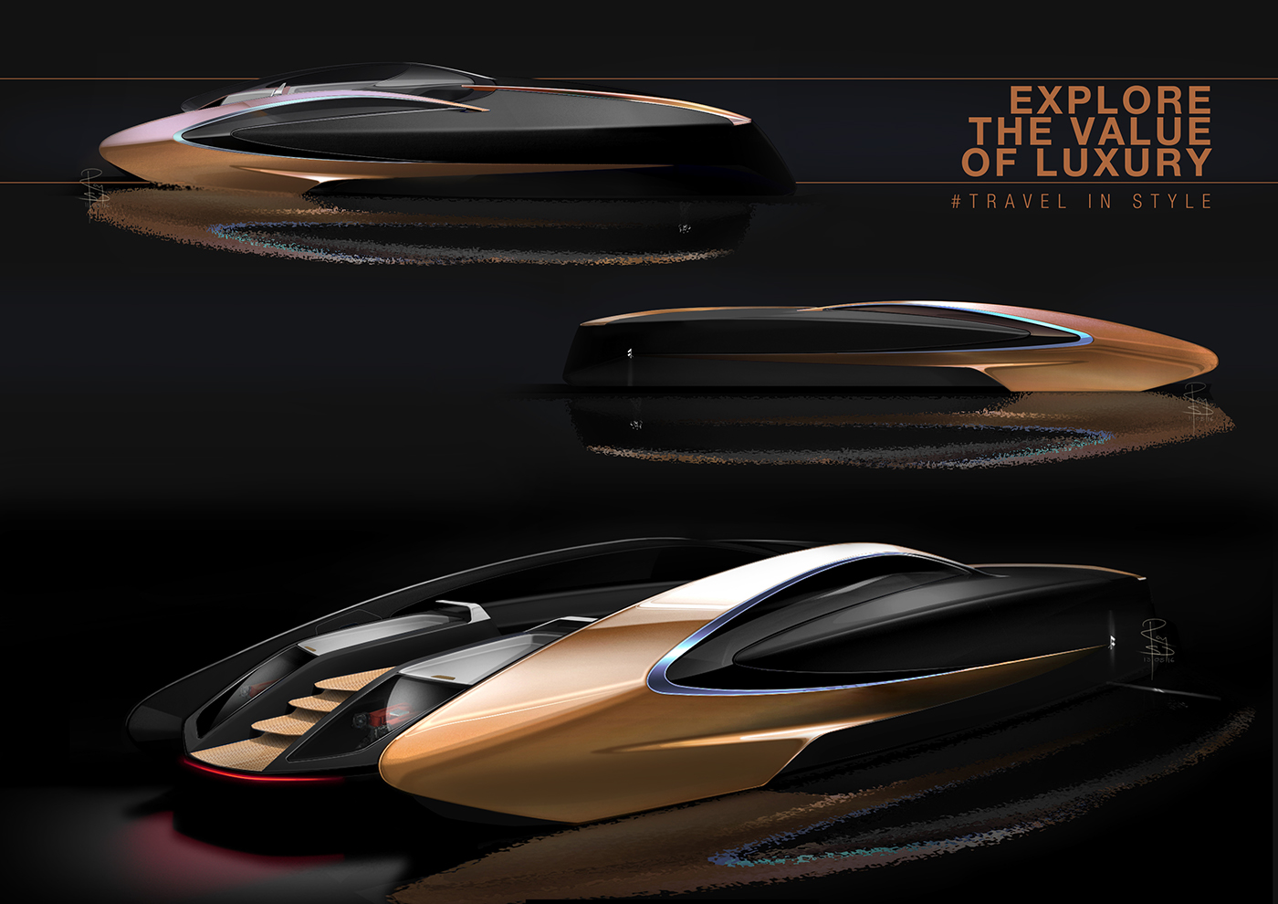 Yachts luxury transportation design concept boat Renders sketches inteior Project