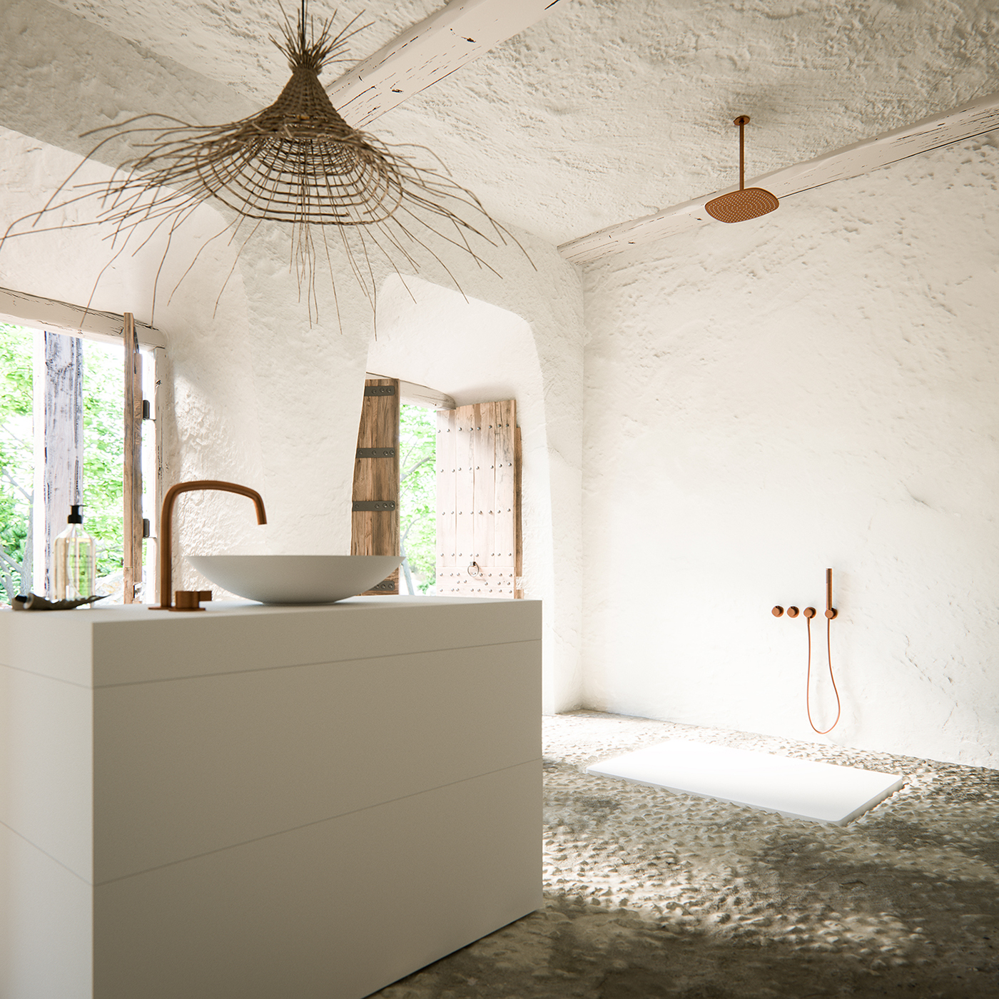 Interior bathroom finca Render vray dark rustic wood DoubleAye design