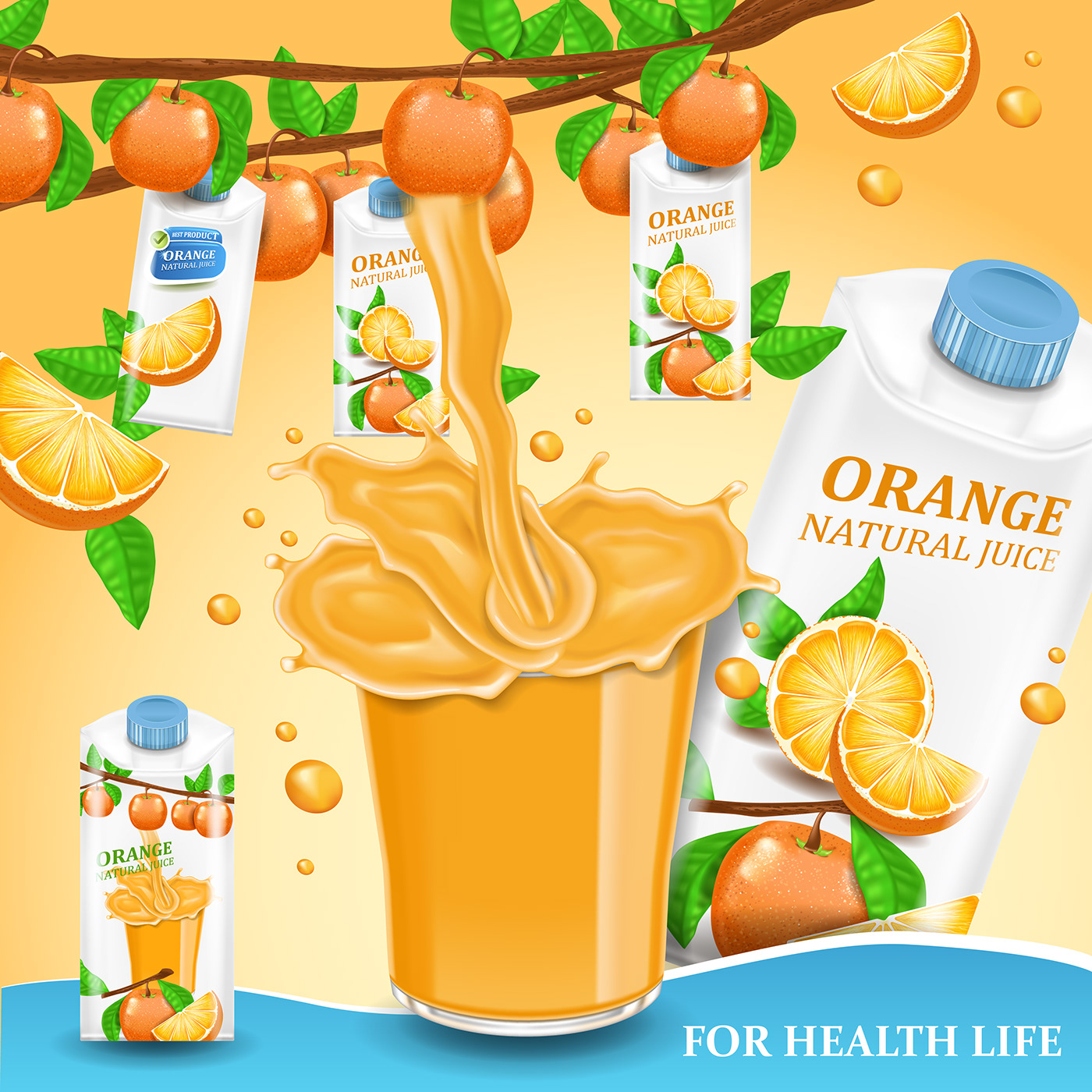orange juice Advestising Pack Packaging vector ILLUSTRATION  splashes fruits