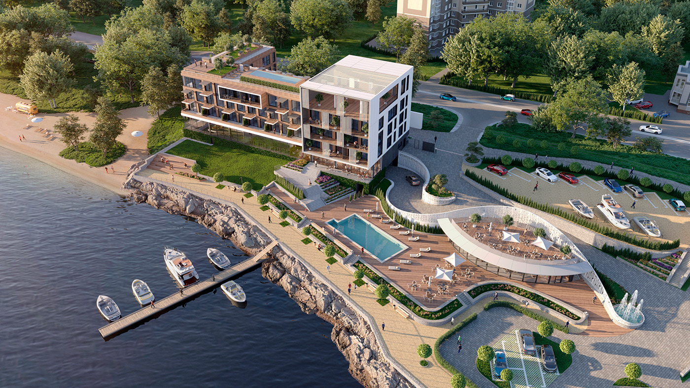 KYB architects hotel modern resort river waterpool YACHT CLUB Riverside water Landscape