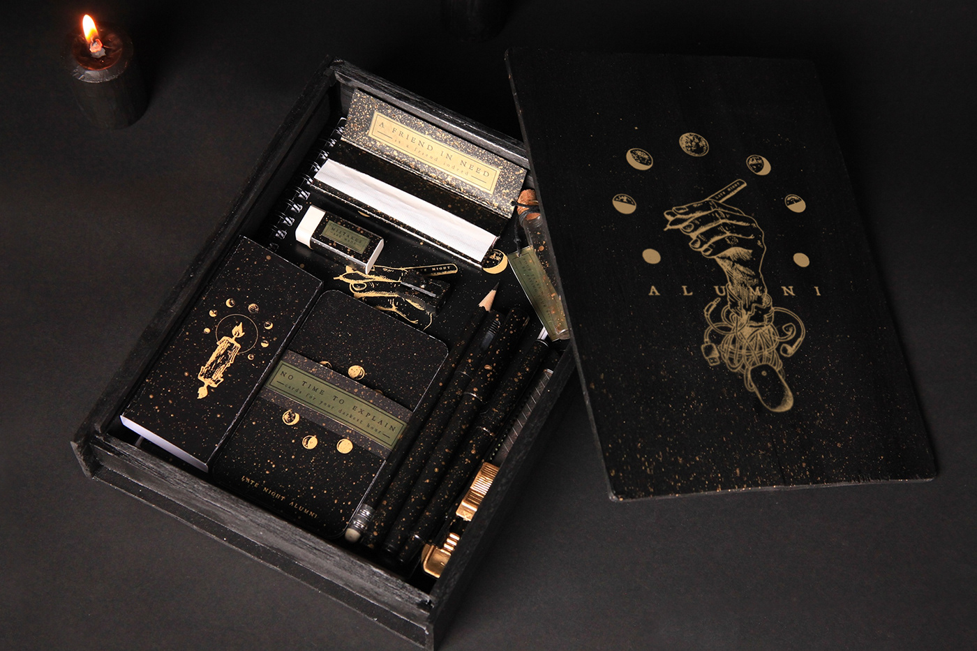 collateral design gold black stationary ILLUSTRATION  occult Packaging Student work