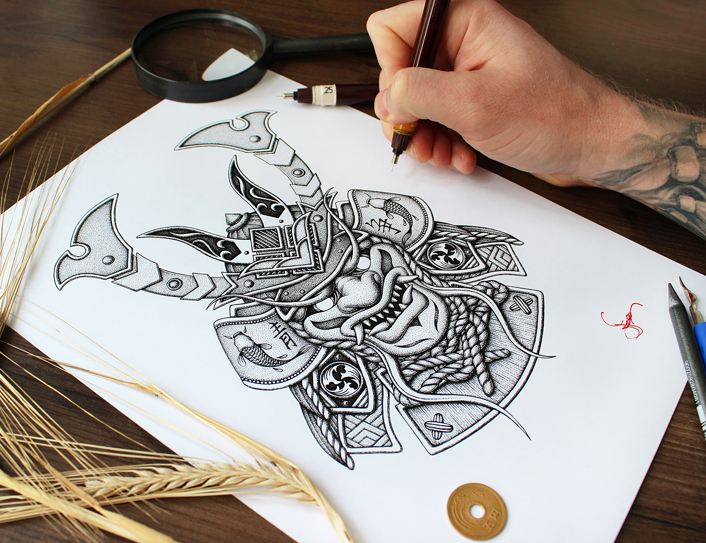 ILLUSTRATION  inkart ink drawing samurai Hannya japanese mask dotwork Pointillism stippling