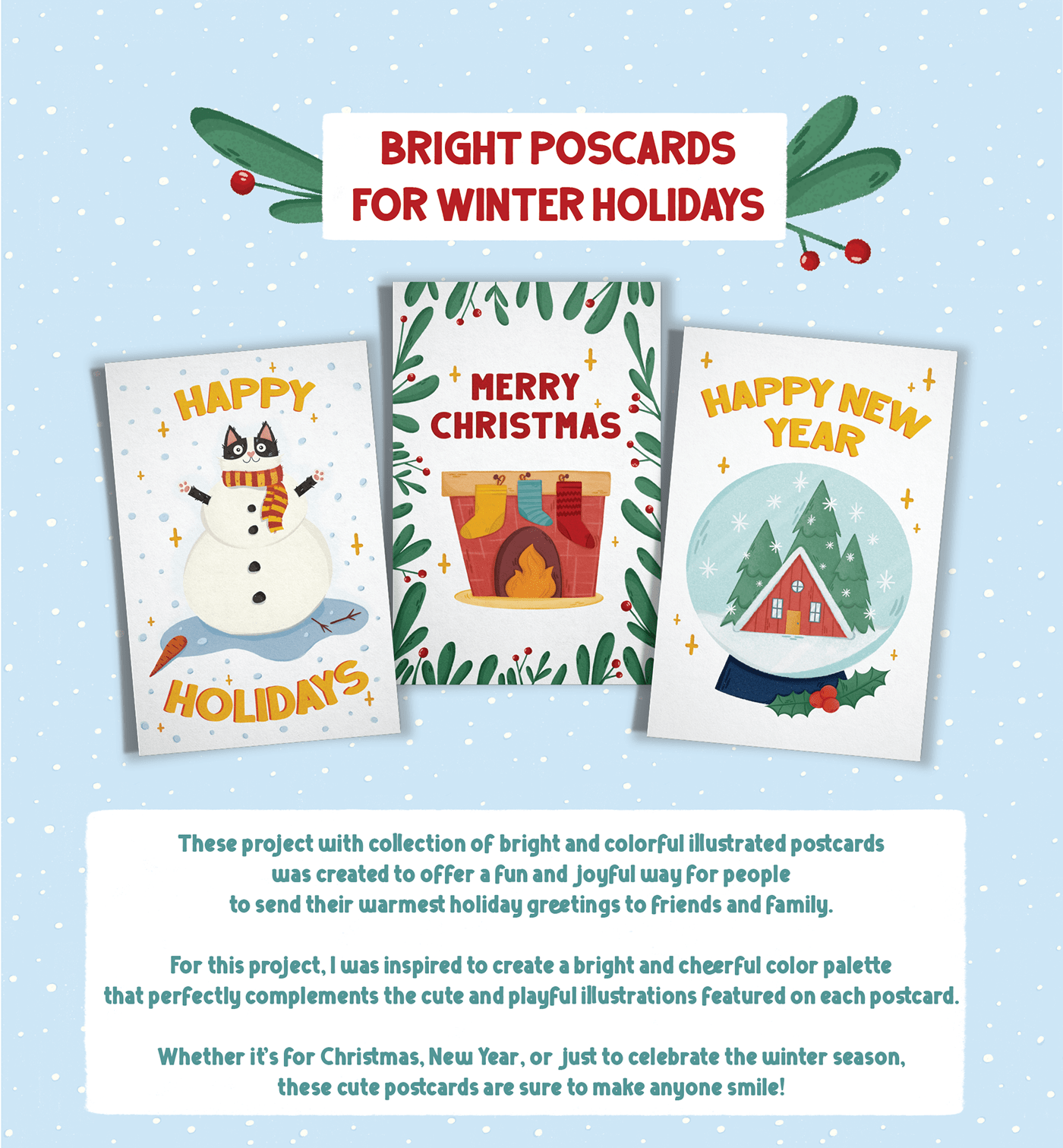 Collection of bright and colorful illustrated postcards for winter holidays, and Christmas.