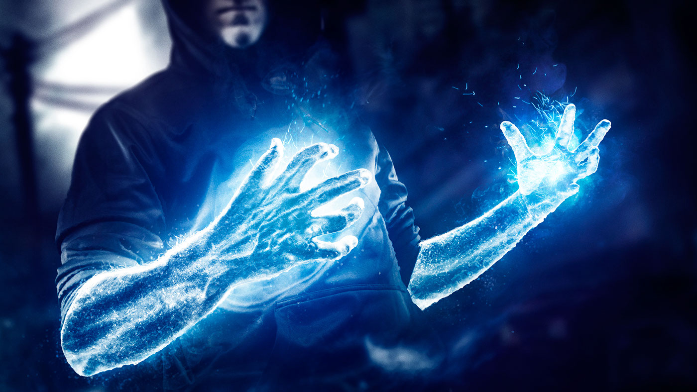 blue sparks electricity heat energy hood SuperHero super villian comic hands drew lundquist