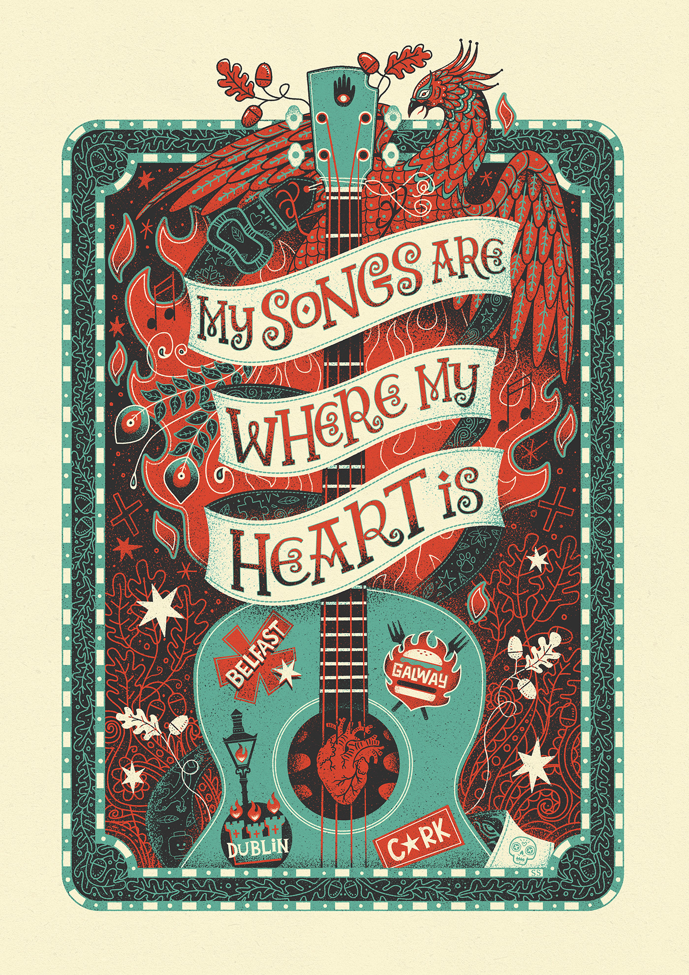ed sheeran screen print Phoenix guitar oak music Flames heart HAND LETTERING illustrated