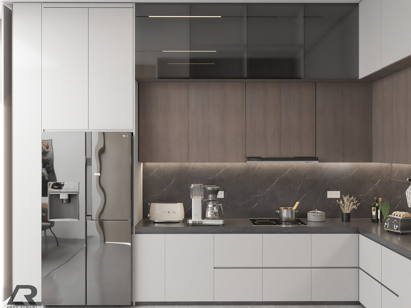 design kitchen visualization modern 3ds max interior design  architecture Render wooden 3D