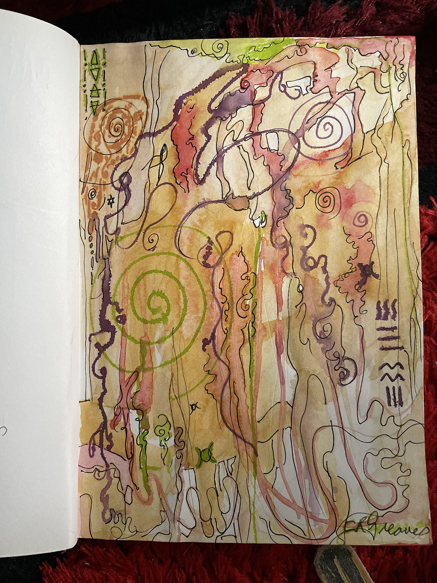 pen ink watercolor line Swirls yellow green purple blue red black mixed media painting   Magic   emotions camille Caribbean heritage crgreaves mustard Trinidad