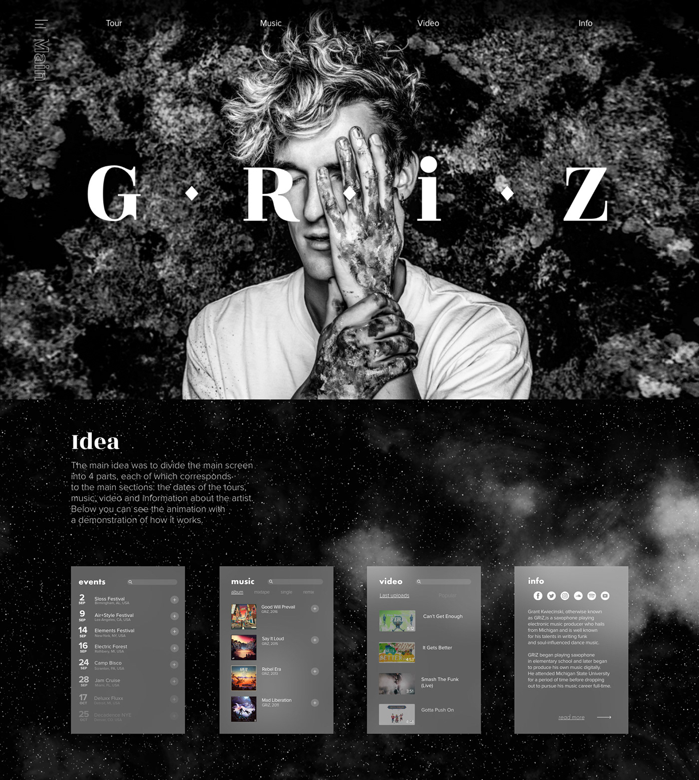 GRiZ Website Concept Adobe XD animation  music black and white photoshop ux UI