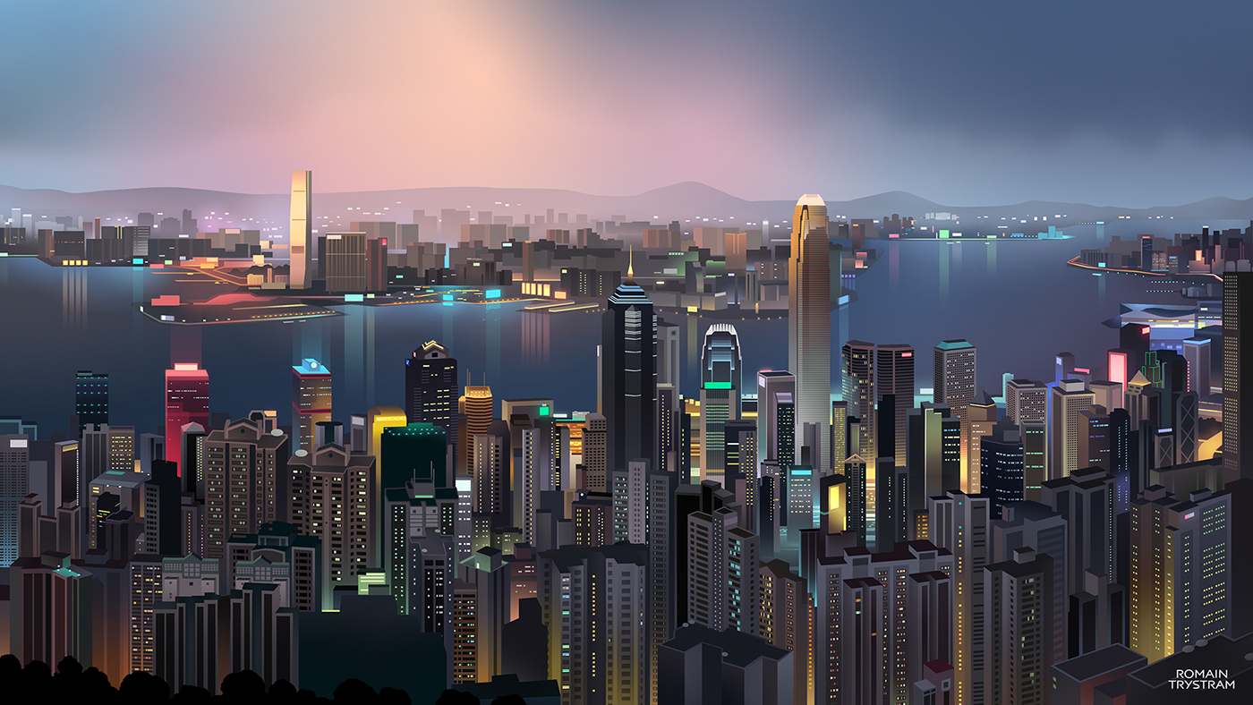city skyline neon future Data Technology security light night editorial