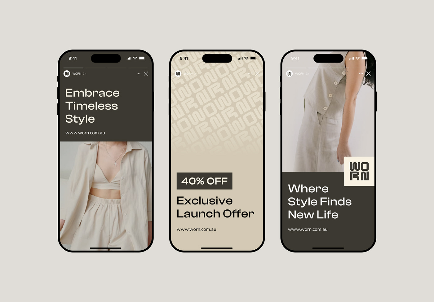 mobile device mockups showing the Instagram story design created for WORN, Australian fashion brand
