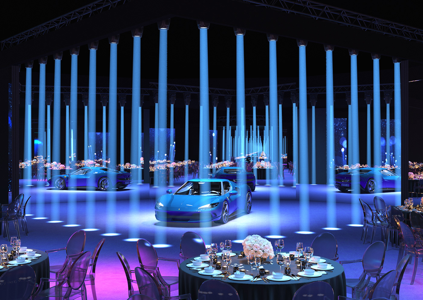 Event Design launch scenography STAGE DESIGN Event 3D product design  supercar Event concept Show Production