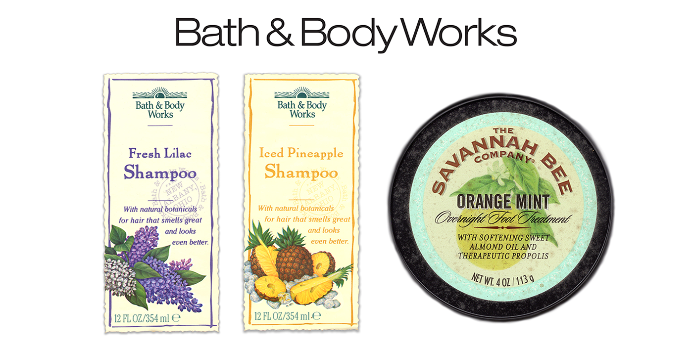 Fruit and botanical illustrations used on packaging for Bath & Body Works.