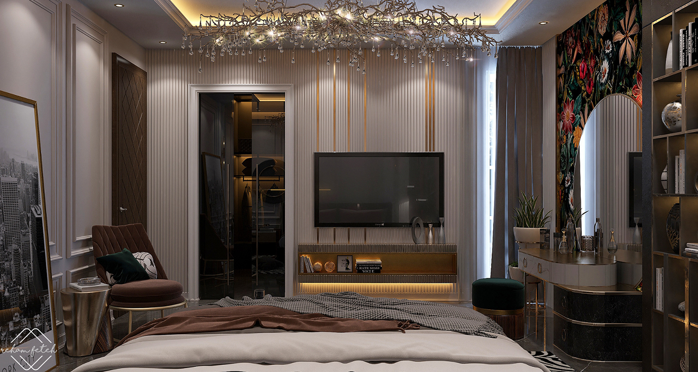 3dmax bedroom contemporary interior floral wallpaper interior design  vray wall panels