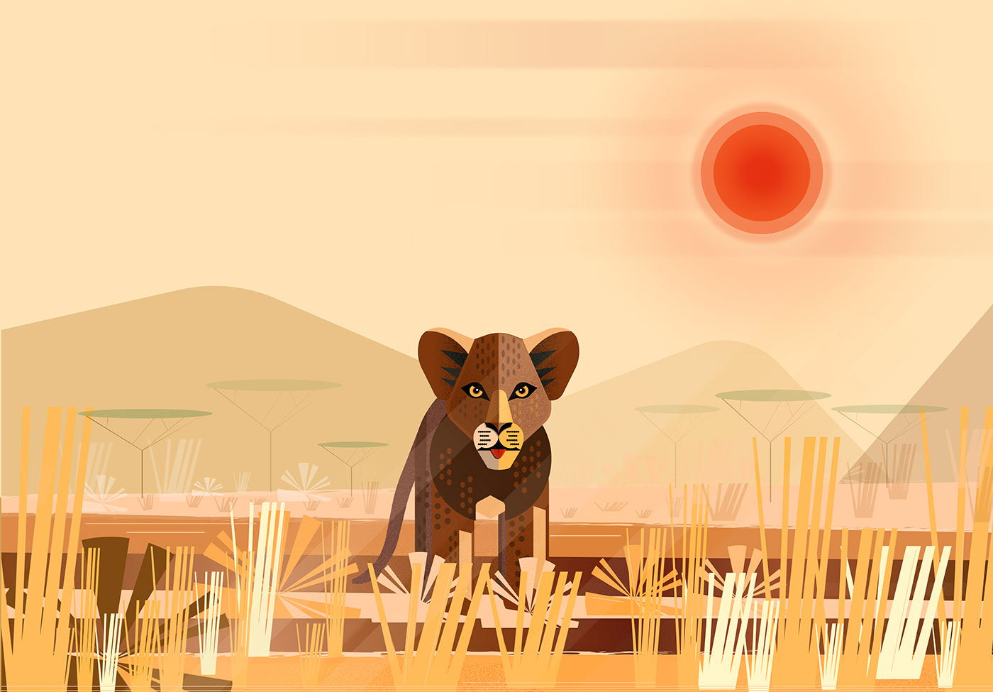 africa animal baby flatdesign graphic ILLUSTRATION  lion Nature sunset vector