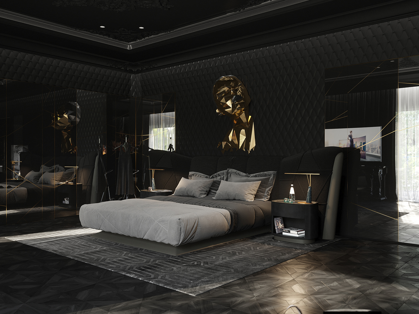 Bedroom for a girl black bedroom design gold Interior luxery visualization