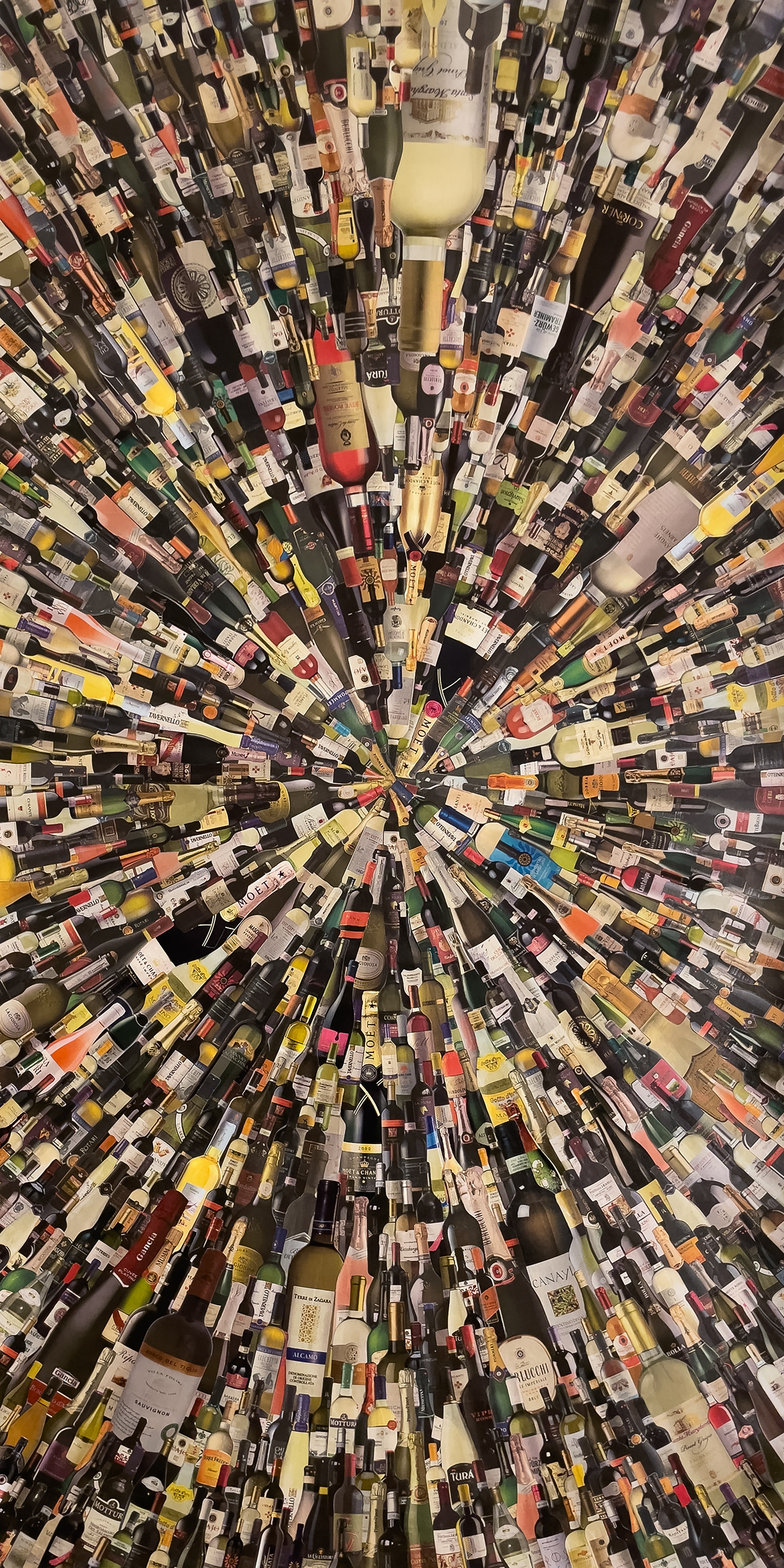 "Vertigo" collage features a swirl made of wine, prosecco and champagne bottles individually cut