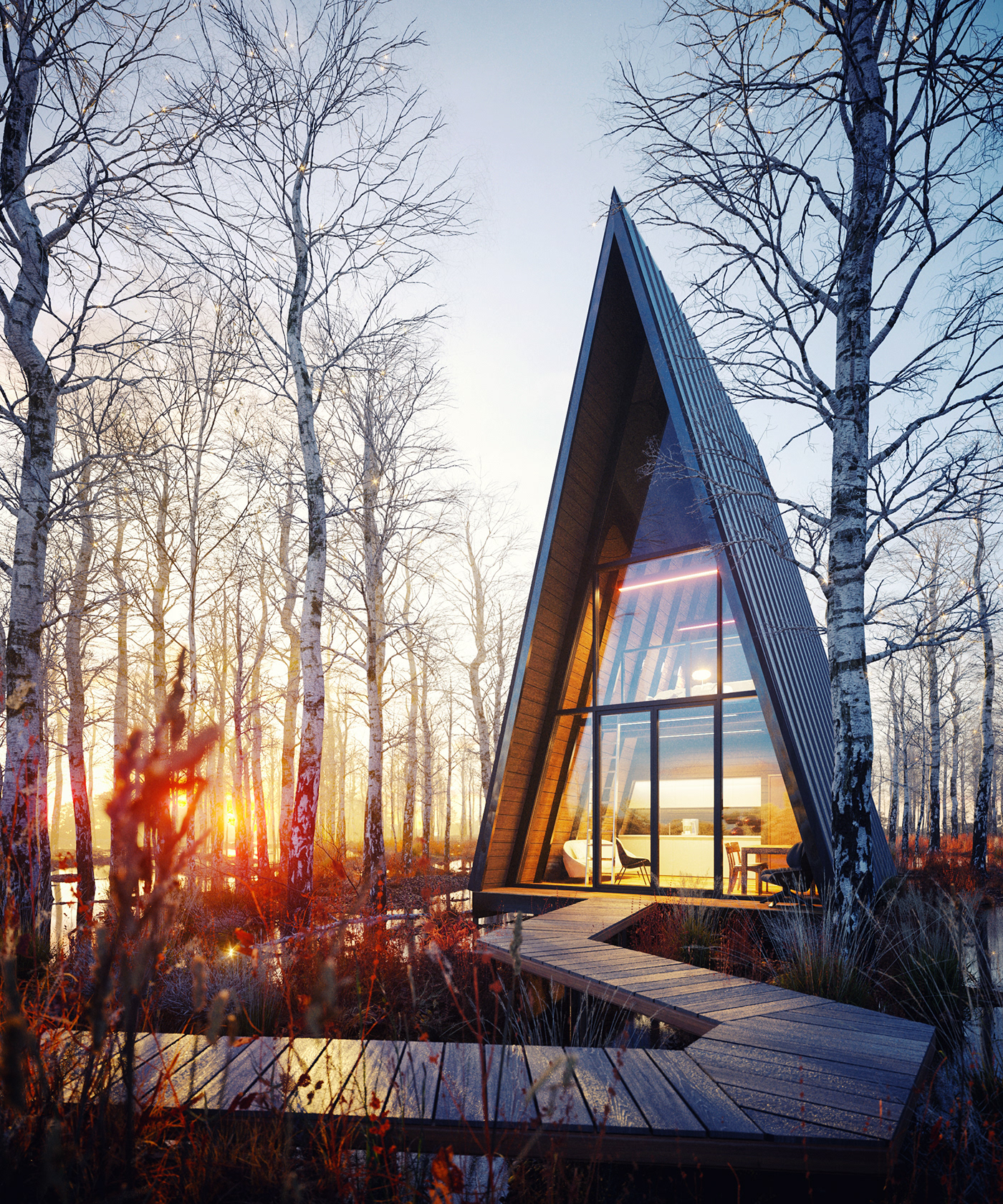 A-Frame architecture cabin goldenhour house hut sunset swamp wetland