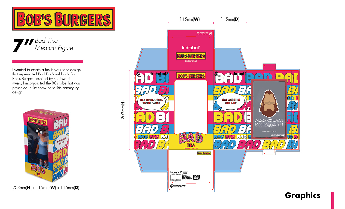 Packaging graphic design  ILLUSTRATION  Character design  Bob's Burger dieline graphics
