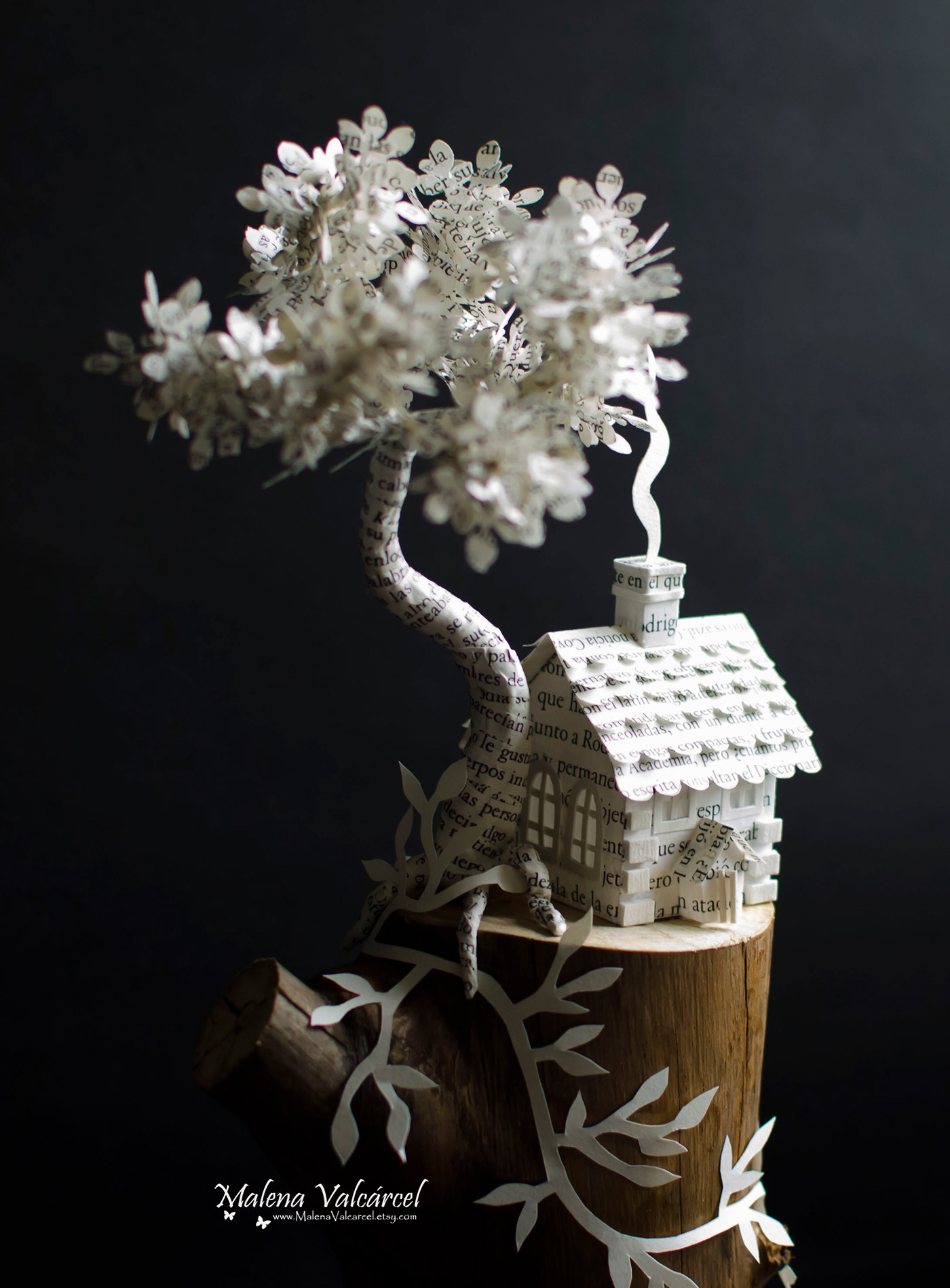paperart mixedmedia sculpture miniatures bookarts papertree PaperHouse vine home wood