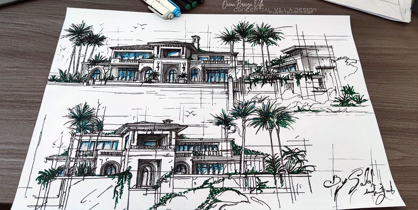 Drawing  concept art sketch architecture Villa villa design exterior
