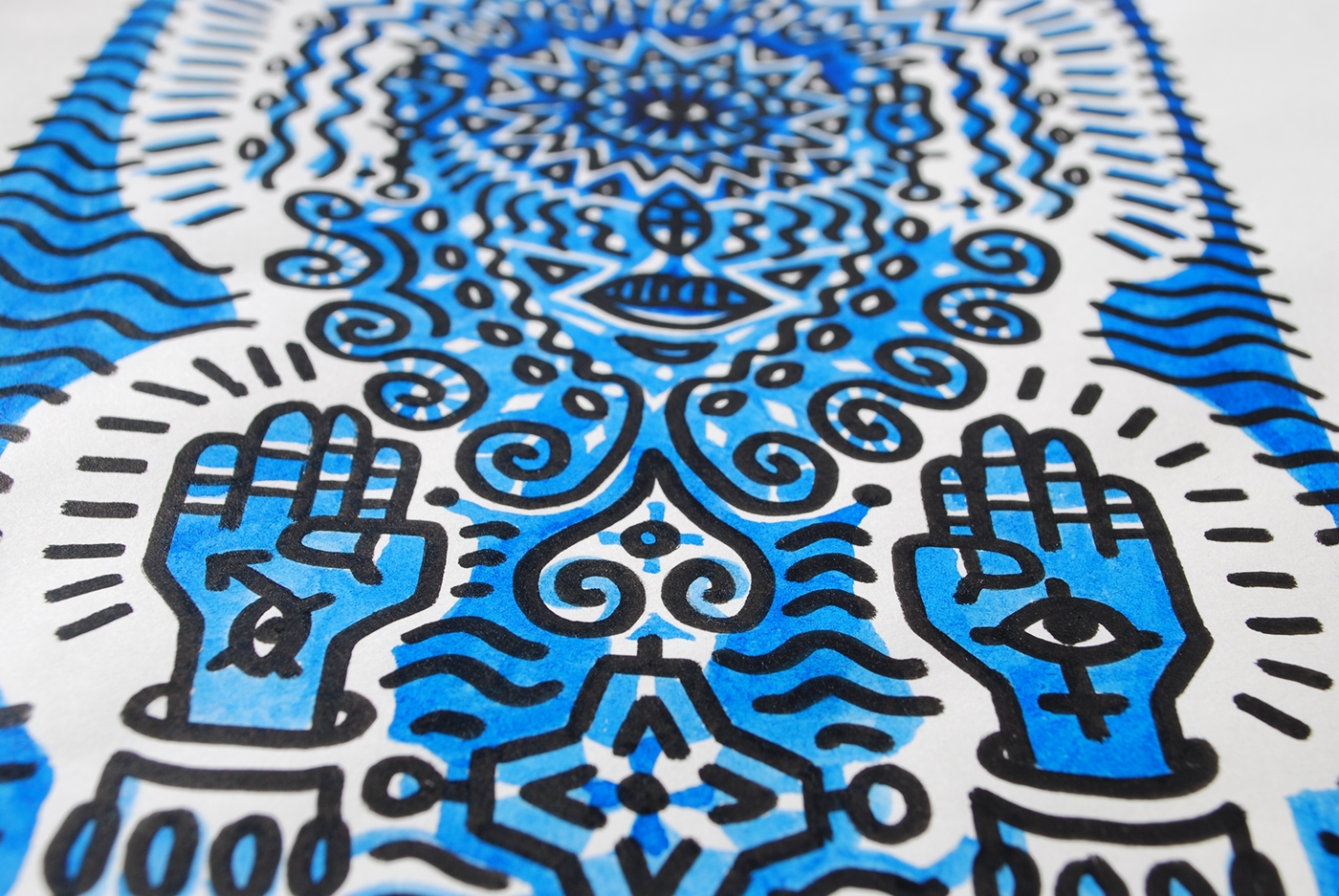 blue black Mandala inca Maya geometry ink India ink acrylic