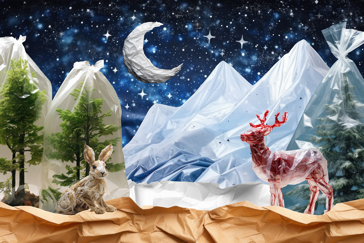 Landscape snow christmas Tree poster 3D winter plastic collage Paper texture modern