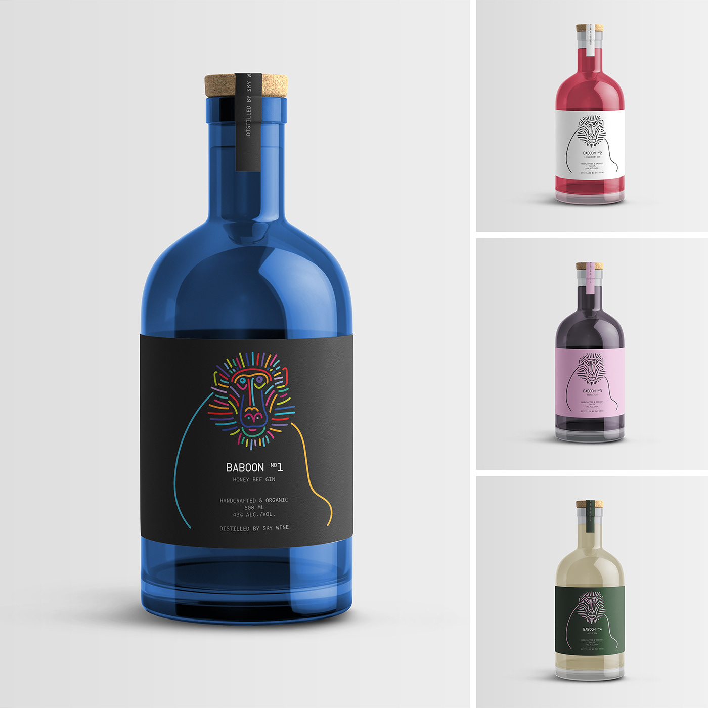 bottle Label brand identity design gin alcohol drink Packaging Baboon line art