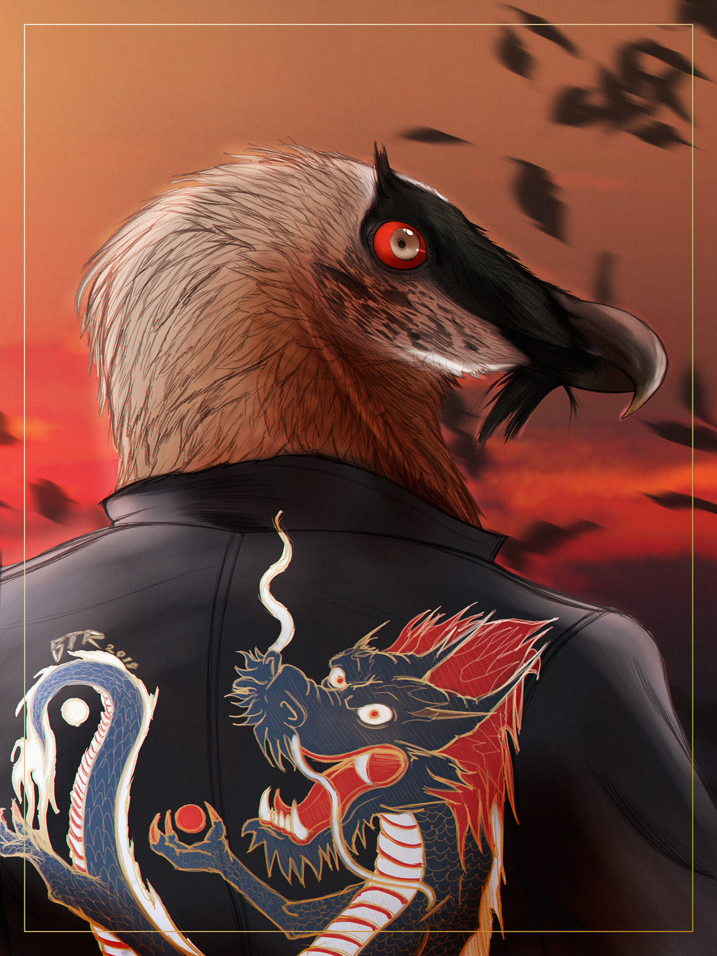 art bearded vulture digital dragon Fall furry ILLUSTRATION  jacket portrait sunset