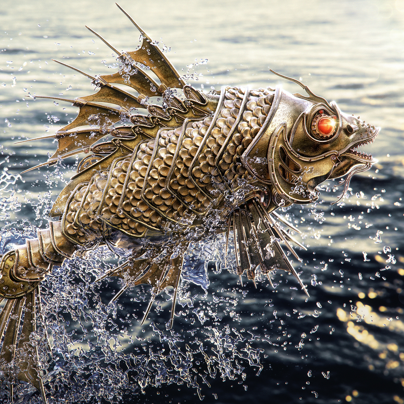 Render concept fish gold goldfish water splash metal STEAMPUNK Maya