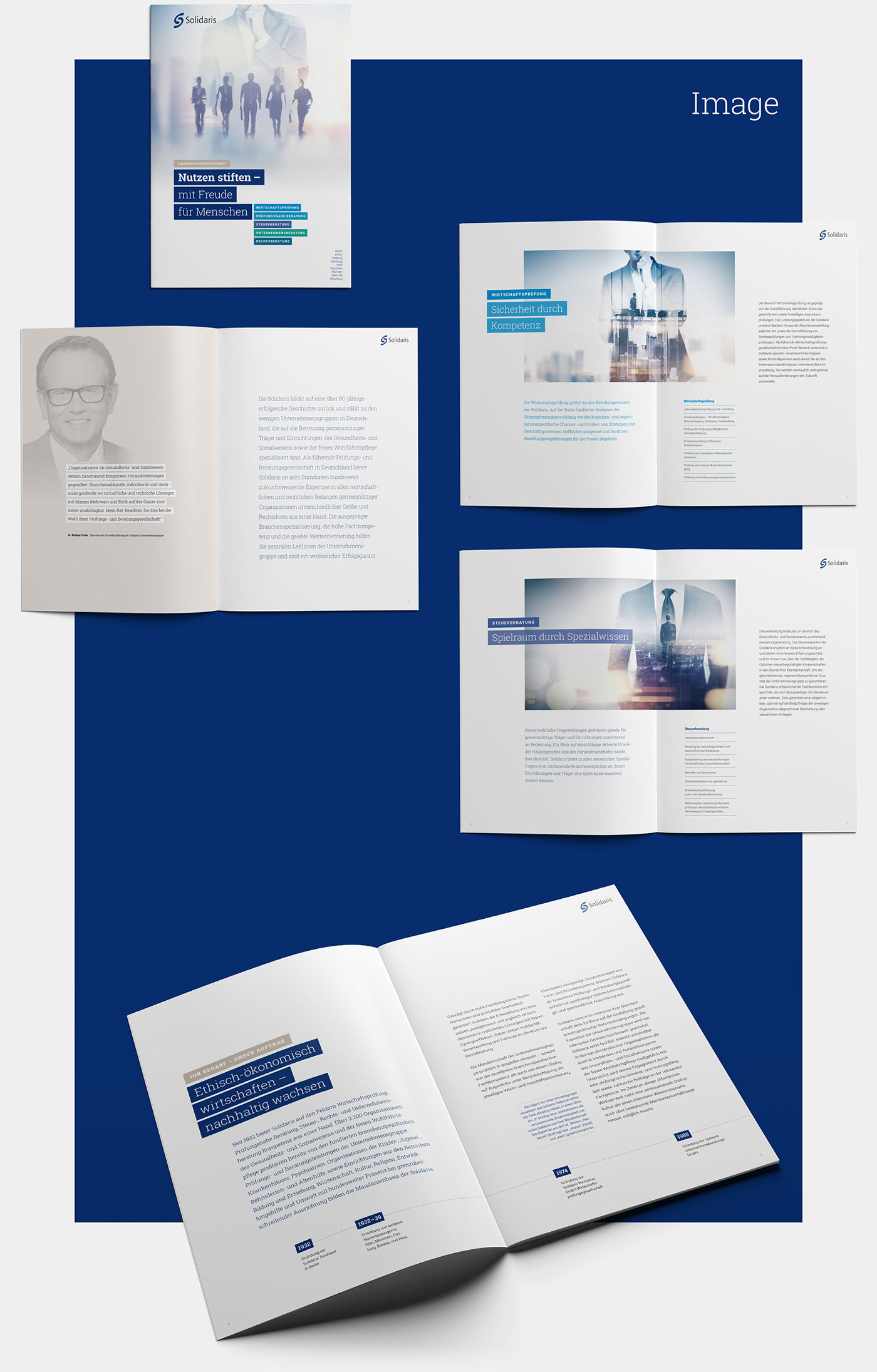 Corporate Design annual report product brochure image brochure clean White double exposure Management consultancy Health & Social Roboto