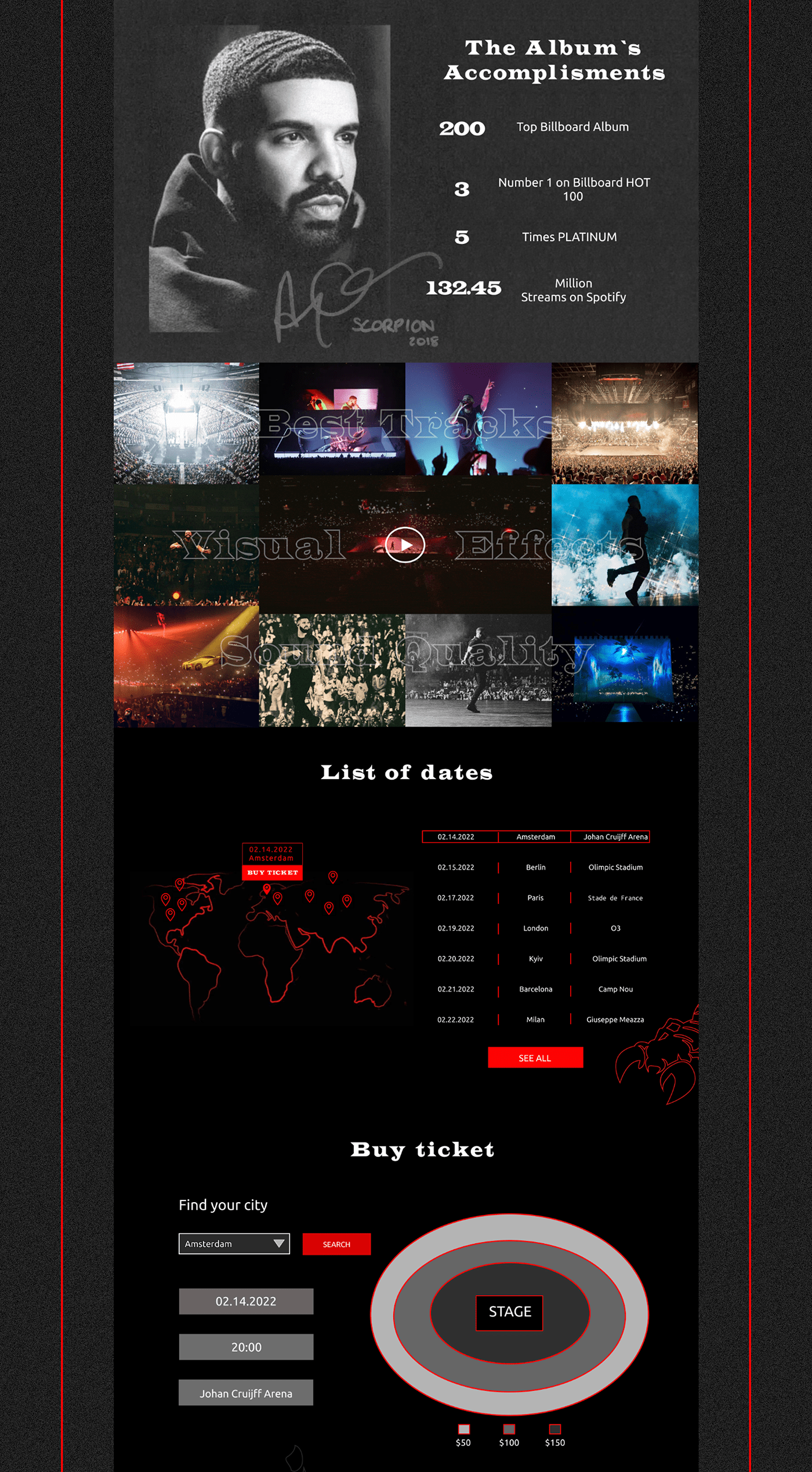 concept Concet tour Drake mucic   tickets UI/UX Design web-design Website