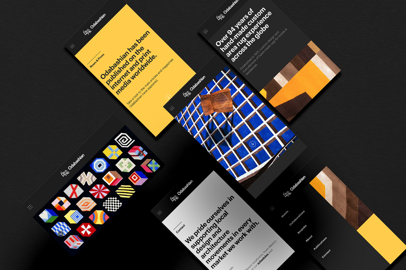 Odabashian rugs bespoke Retail portfolio online projects hand-made interactive minimal Layout swiss grid yellow black