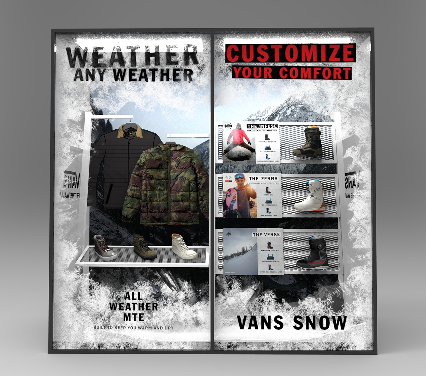 apparel snowboot Display Vans exhibit Trade Show Product Display merchandising showcase action sports