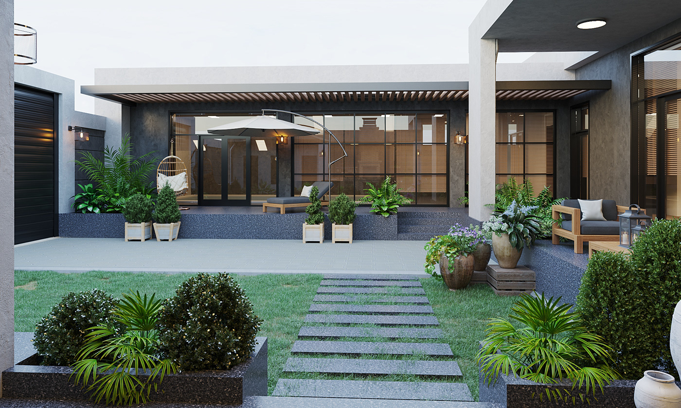 3ds max ArchiCAD architecture corona Courtyard Design exterior holidayhouse Pool villa design visualization