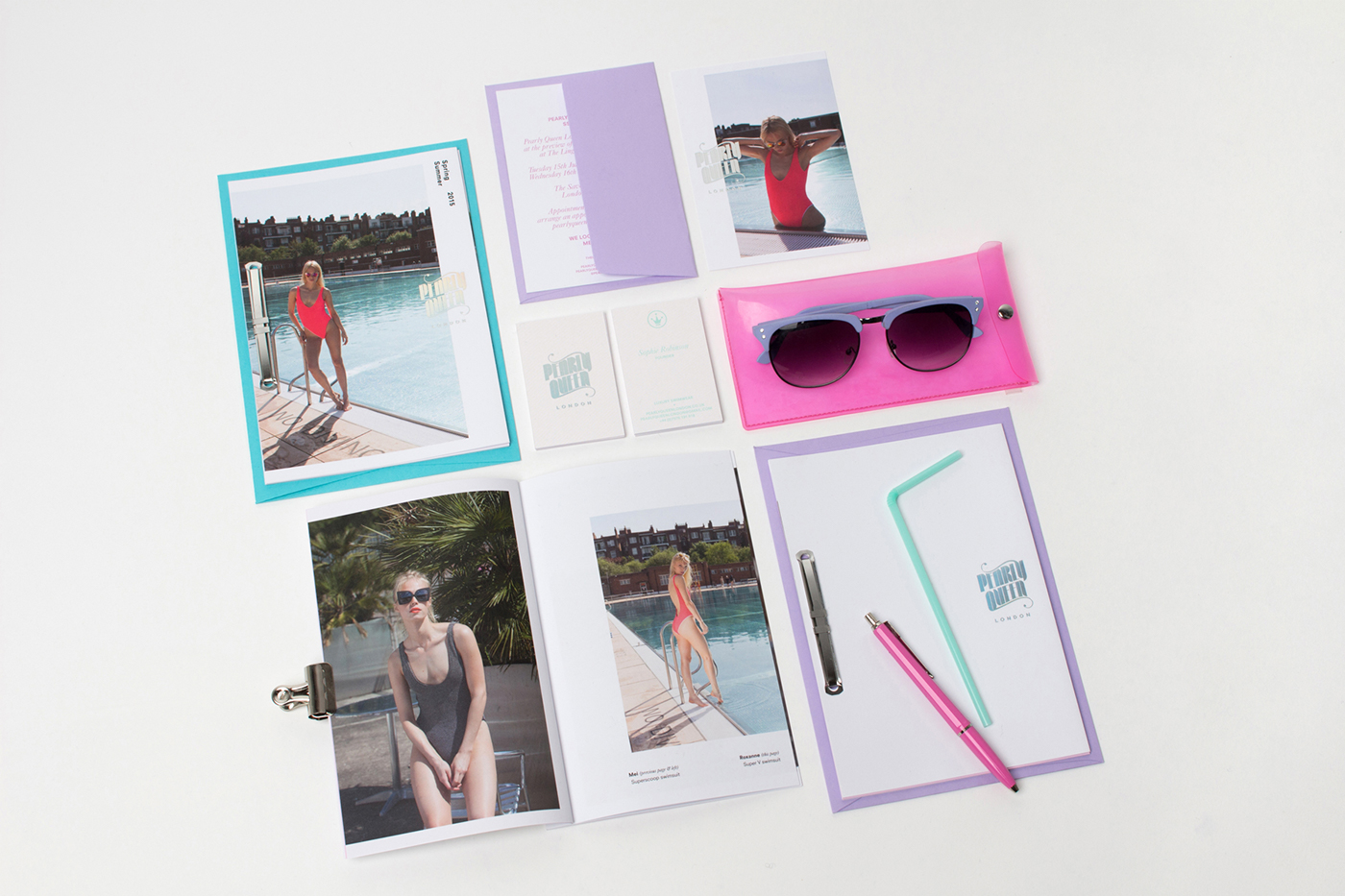 swimwear Lookbook 80's neon invite Invitation Stationery business card swing tag swimming summer colour spring holographic foil