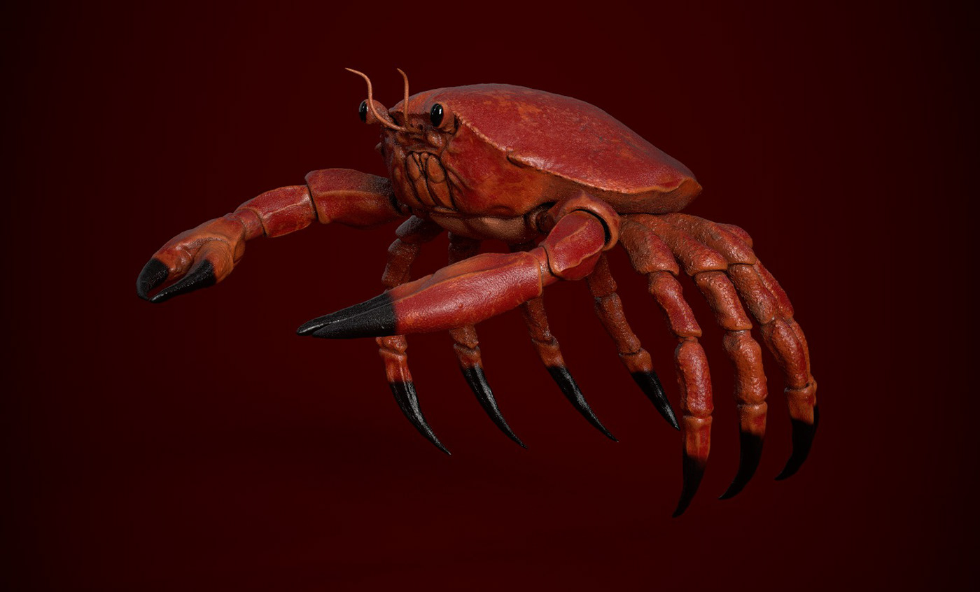 Charming crab model with captivating realism against a reddish backdrop